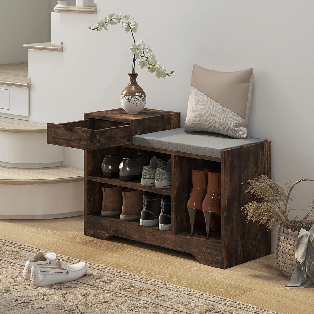 Banco para Calçado com Arrumação, 76,5 x 30 x 52 cm, 1 Gaveta e 3 Compartimentos, Castanho
