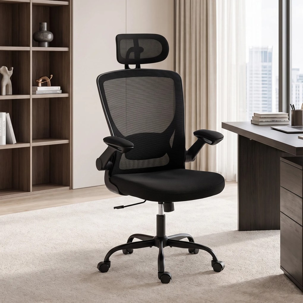 Cadeira de Escritório Ergonómica, 65 x 64 x 129 cm, Apoio Lombar e de Cabeça Reguláveis, Preto