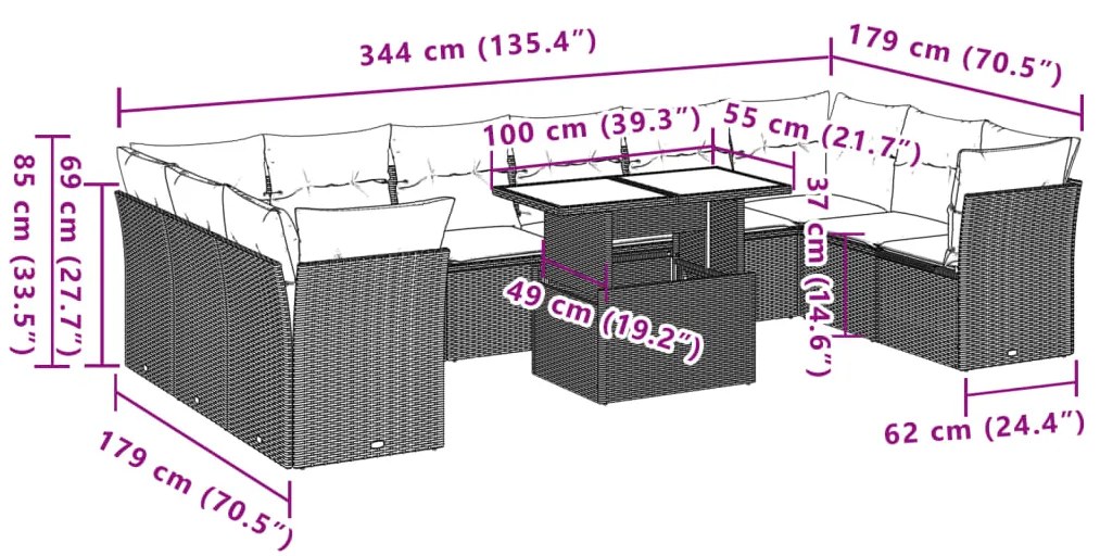 11 pcs conjunto sofás de jardim c/ almofadões vime PE cinzento