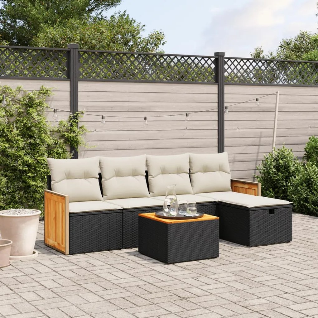 6 pcs conjunto sofás de jardim c/ almofadões vime PE preto