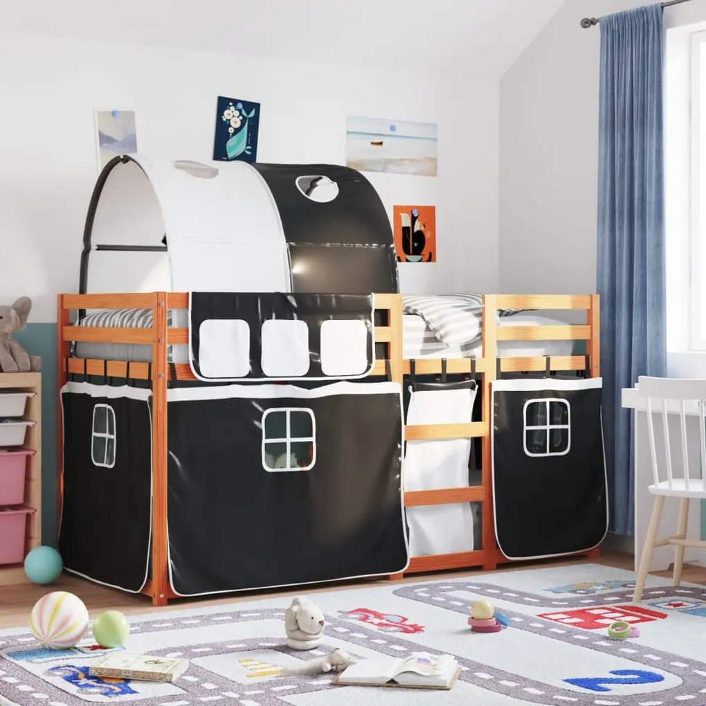 vidaXL Beliche com cortinas 75x190 cm pinho maciço branco e preto