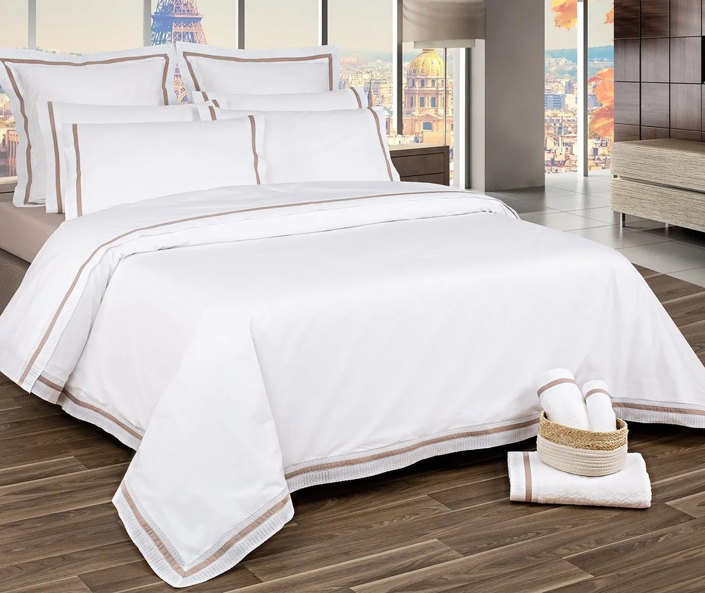 Jogo de lençóis 100% algodão branco penteado percal branco 200 fios: Branco / Taupe 1 lençol de baixo ajustavel 150x200+30 cm + 1 lençol de cima 240x290 cm + 2 fronhas 50x70 cm fecha com pala interna