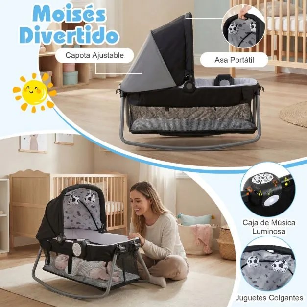 Berço com Centro de atividades 5 em 1 para bebés, parque e mesa para trocar fraldas. Inclui brinquedos suspensos, caixa de música, rodas e cesto. Pret