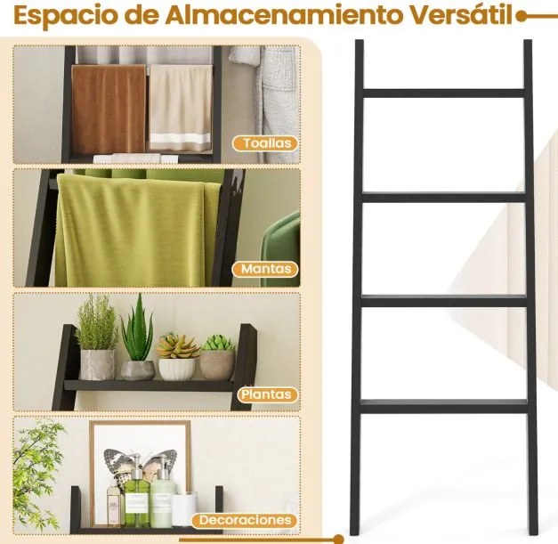 Suporte toalhas em forma escada de 4 níveis  50 × 7,5 × 137 cm Preto