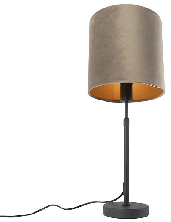 Candeeiro de mesa preto com cúpula em veludo castanho-acinzentado com dourado 25 cm - Parte Country / Rústico