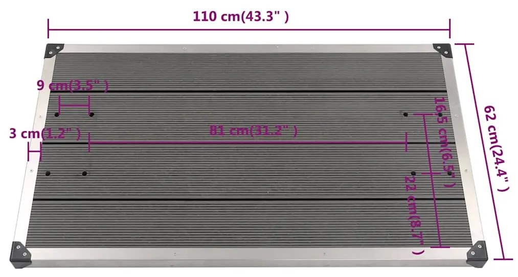 Base chuveiro p/ exterior 110x62 cm WPC aço inoxidável cinzento