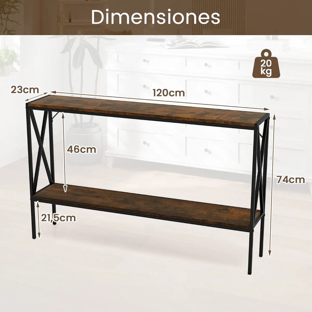 Mesa consola estreita de 2 níveis com estante aberta Mesa de entrada com estrutura metálica Castanho