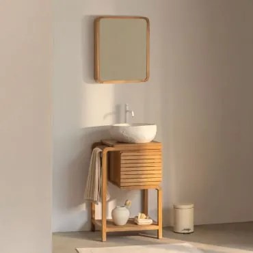 Conjunto De Móveis De Banheiro Em Madeira De Teca Bradley Irregular Em Cimento Branco ↔︎40 Cm Fedro & Rectangular - Sklum