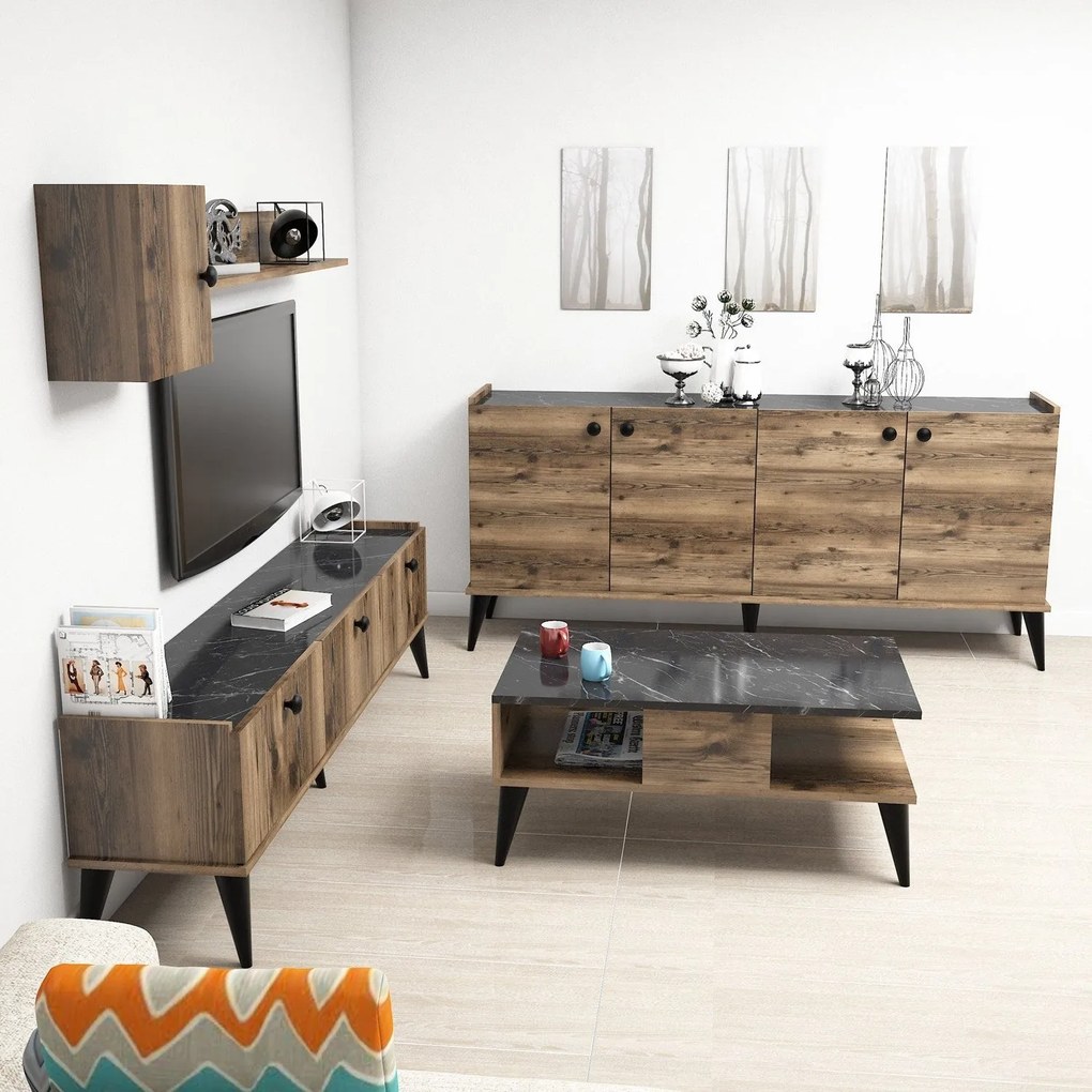 **** Conjunto de Mobiliário de Sala Lidya – Nogueira e Mármore – Diver