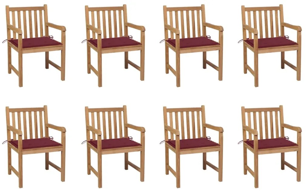 vidaXL Cadeiras de jardim almofadões vermelho tinto 8 pcs teca maciça