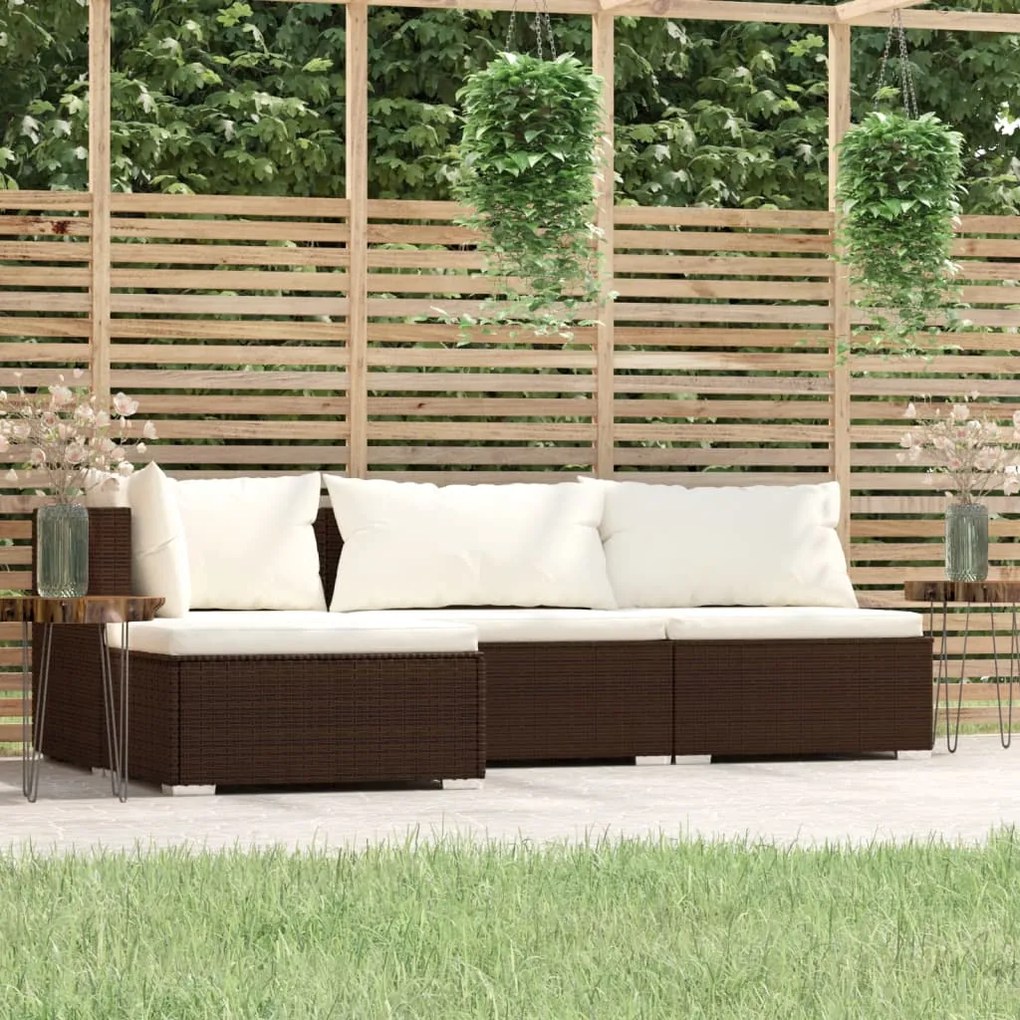 vidaXL 4 pcs conjunto lounge jardim c/ almofadões vime PE castanho