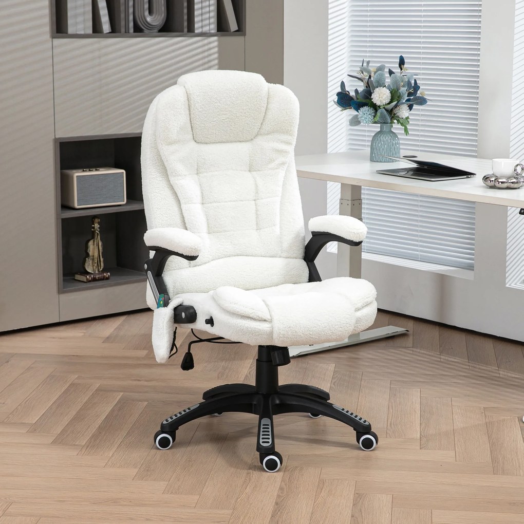 Cadeira escritõrio com Massagem com 6 Pontos Reclinável até 130° com Função de Aquecimento Altura Ajustável  67x74x107-116 cm Branco