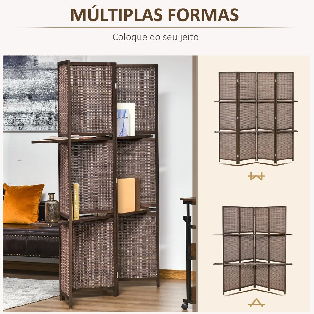 HOMCOM Biombo de 4 Painéis de Bambú Separador de Ambientes Dobrável com 2 Prateleiras Removíveis para Dormitório 180x180cm Marrom