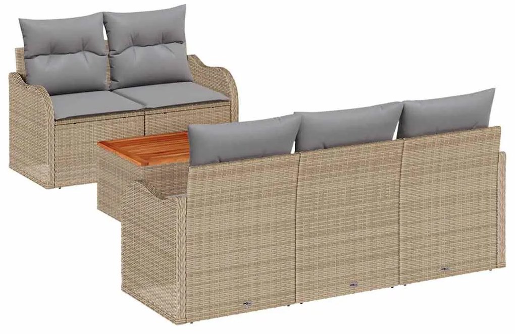 Sofá de Jardim com 6 Peças e Almofadas em Rattan Sintético Bege e Acác
