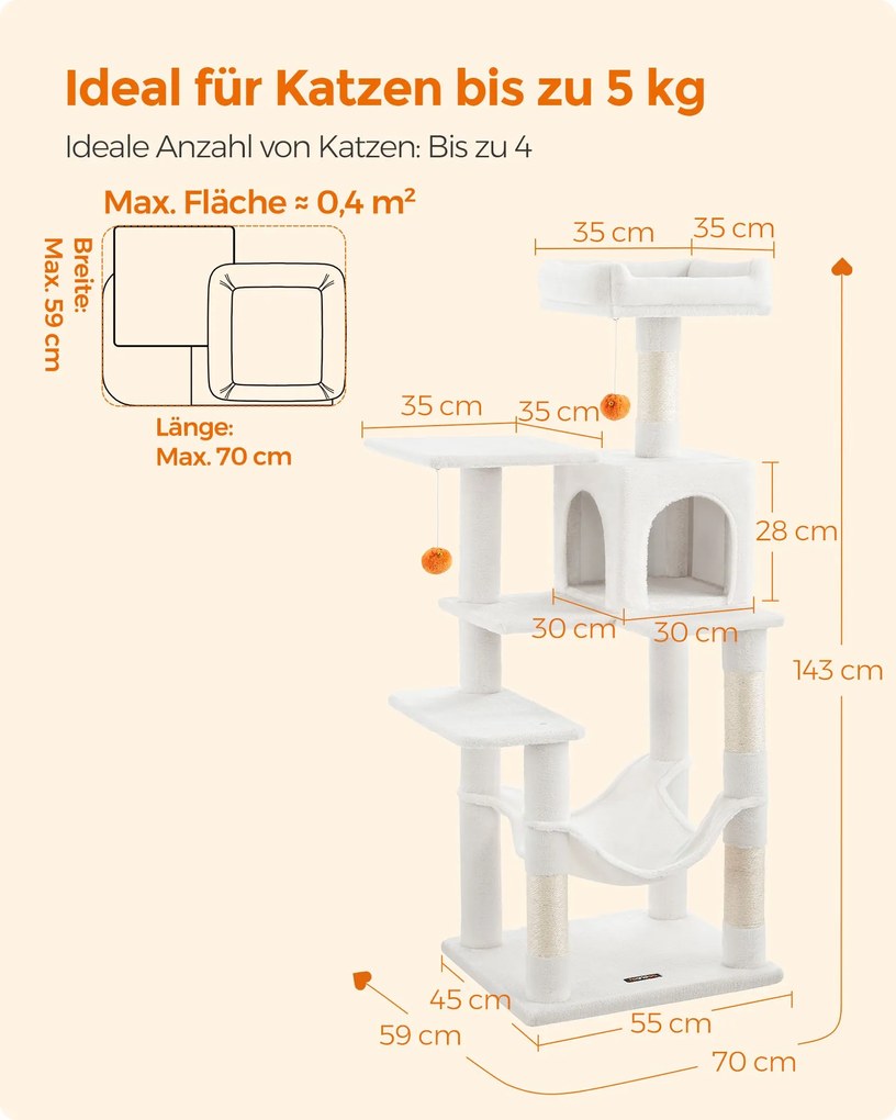 Arranhador Gatos para arranhar com 143 cm de altura com 2 plataformas e rede branco creme