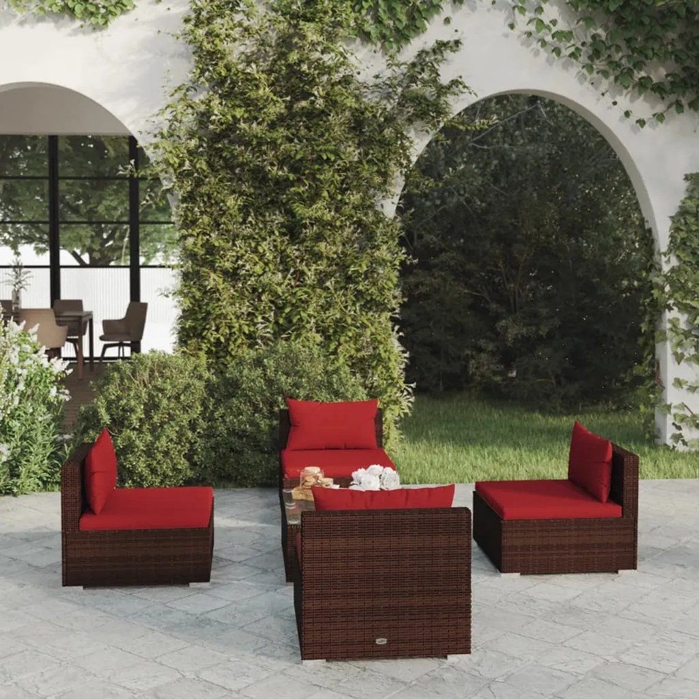 vidaXL 5 pcs conjunto lounge jardim c/ almofadões vime PE castanho