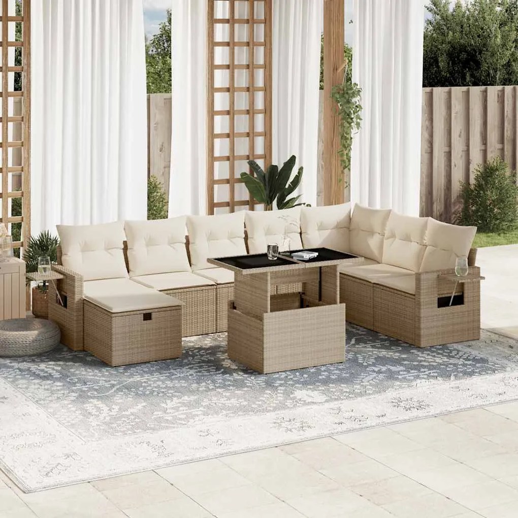 vidaXL 9 pcs conjunto de sofás p/ jardim com almofadões vime PE bege