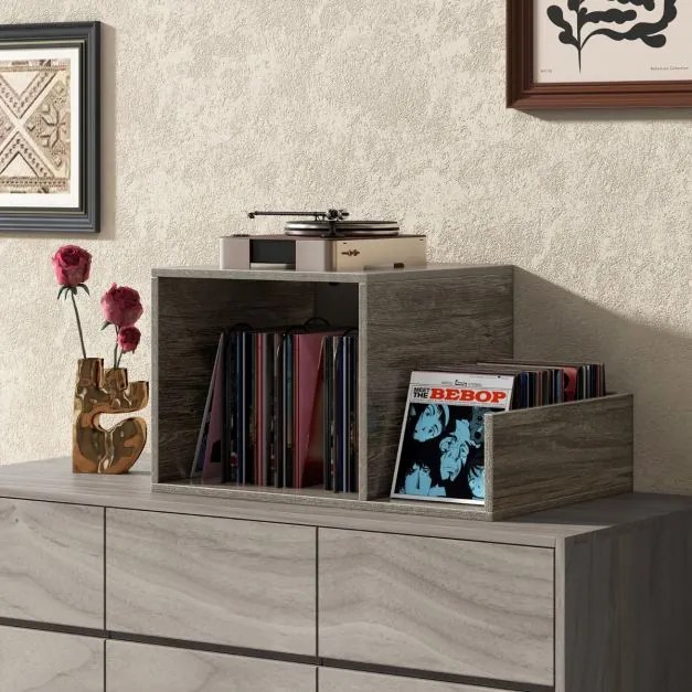Suporte para gira-discos e discos Vinil com mesa lateral de encaixe com divisória para até 145 álbuns com pernas metálicas Cinzento