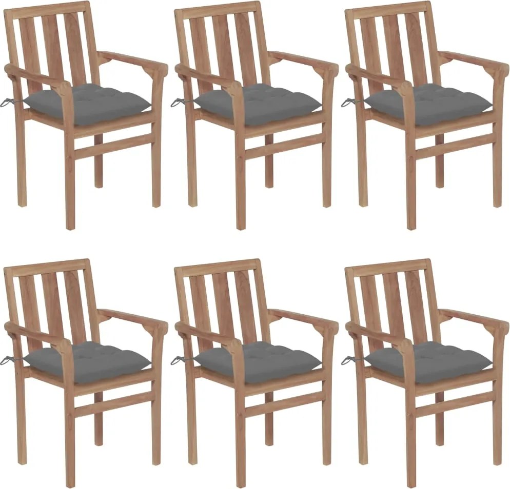 vidaXL Cadeiras de jardim empilháveis c/ almofadões 6 pcs teca maciça