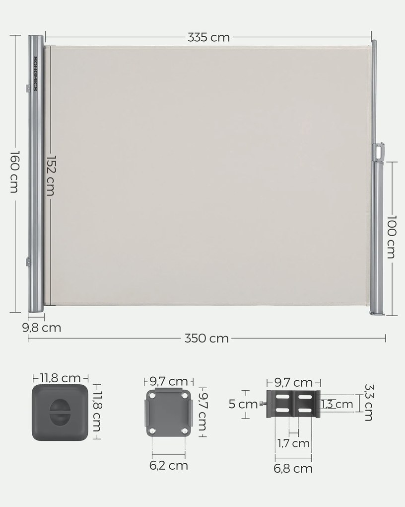 Toldo lateral 160 x 350 cm para privacidade Poliéster + revestimento PU impermeável bege