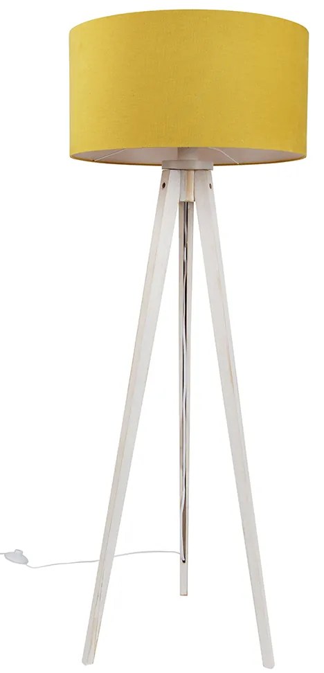 Candeeiro de pé tripé branco com abajur de tecido amarelo 50cm - Tripod Classic Rústico ,Moderno