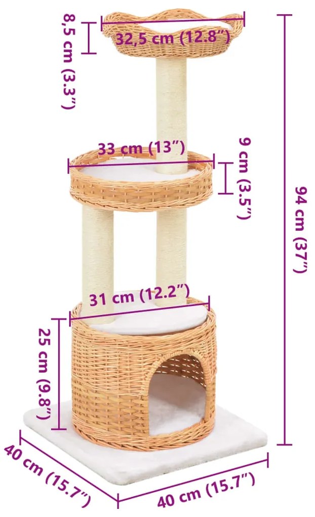 Árvore para gatos c/ postes arranhadores madeira de salgueiro