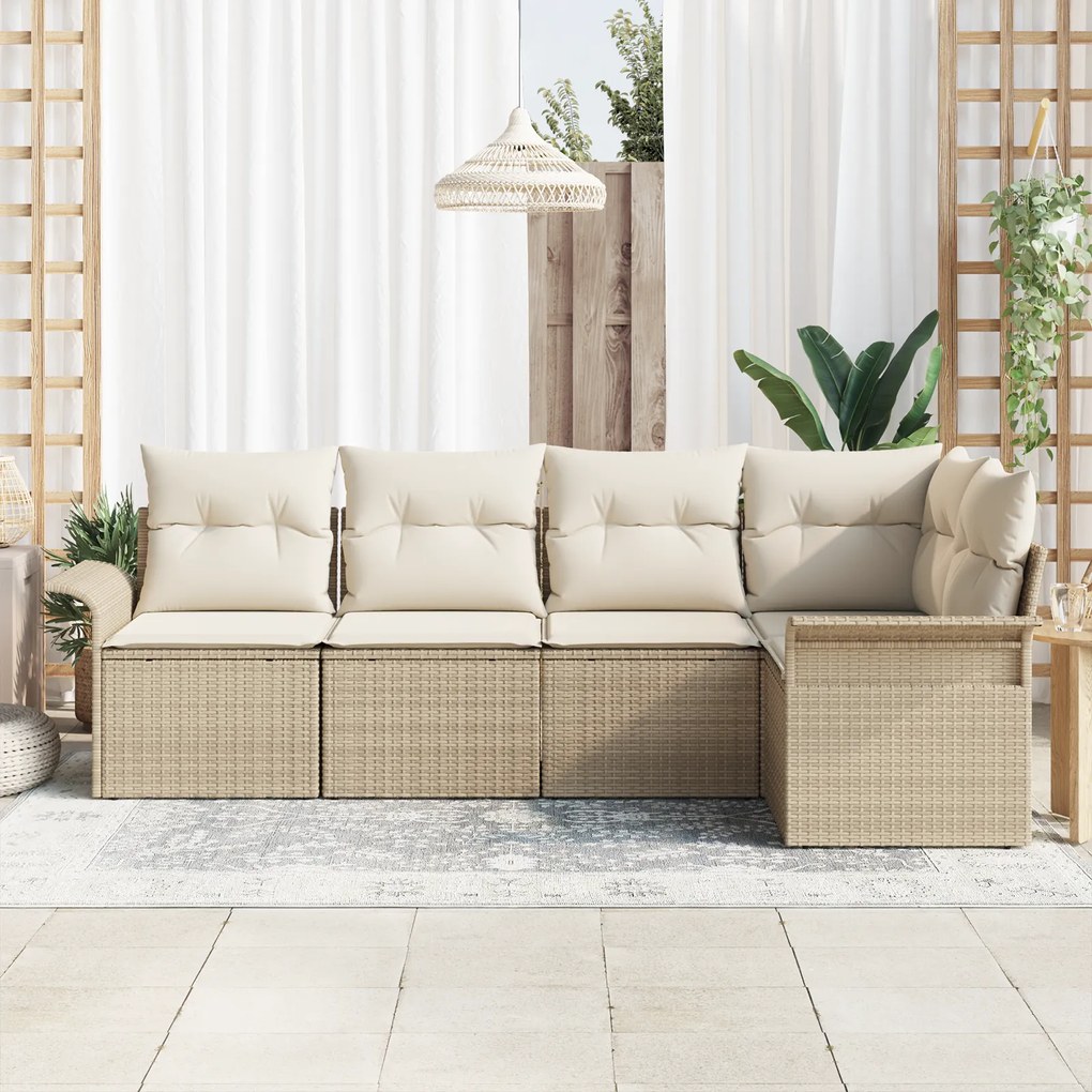 Conjunto de Sofás de Jardim 5 Peças com Almofadas Bege Polirattan