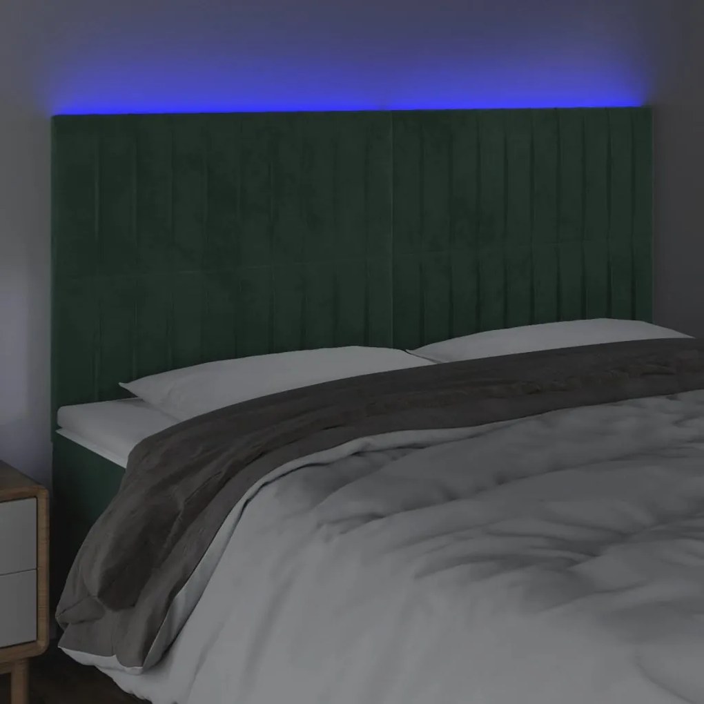 Cabeceira de cama c/ LED veludo 160x5x118/128 cm verde-escuro
