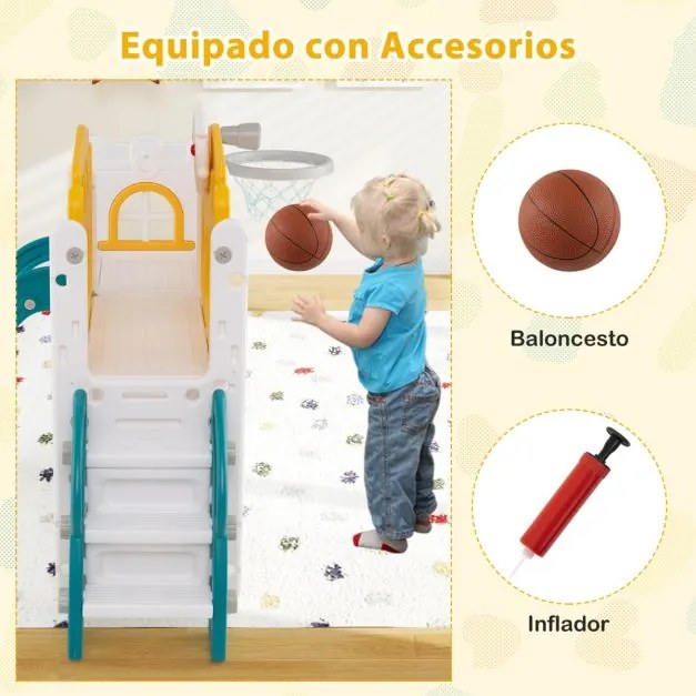 Escorrega infantil 9 em 1 com cesto de basquetebol, telescópio, ponte suspensa e túnel para 1+ anos 176 x 138 x 80 cm amarelo