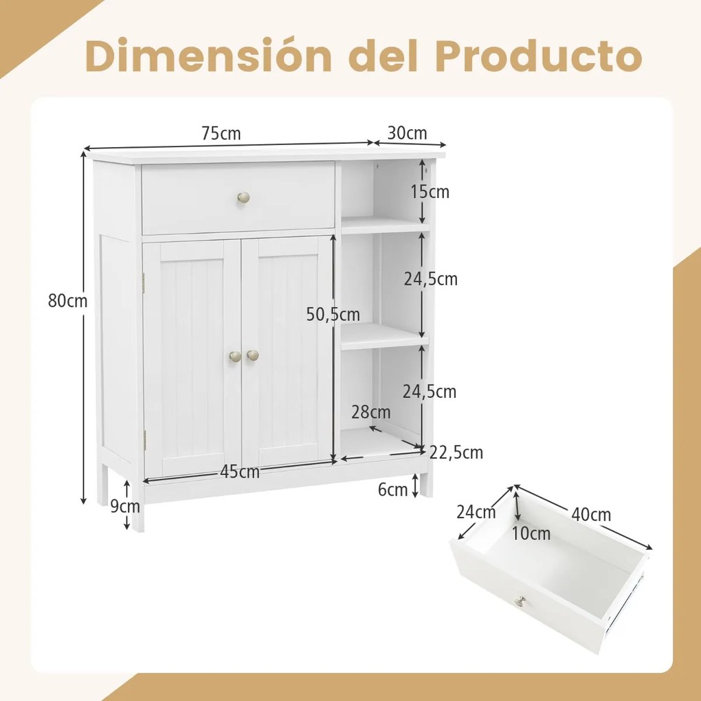 Armário de casa de banho ou multifuncional com 1 gaveta grande, 2 portas e Estante ajustável 75 x 30 x 80 cm Branco