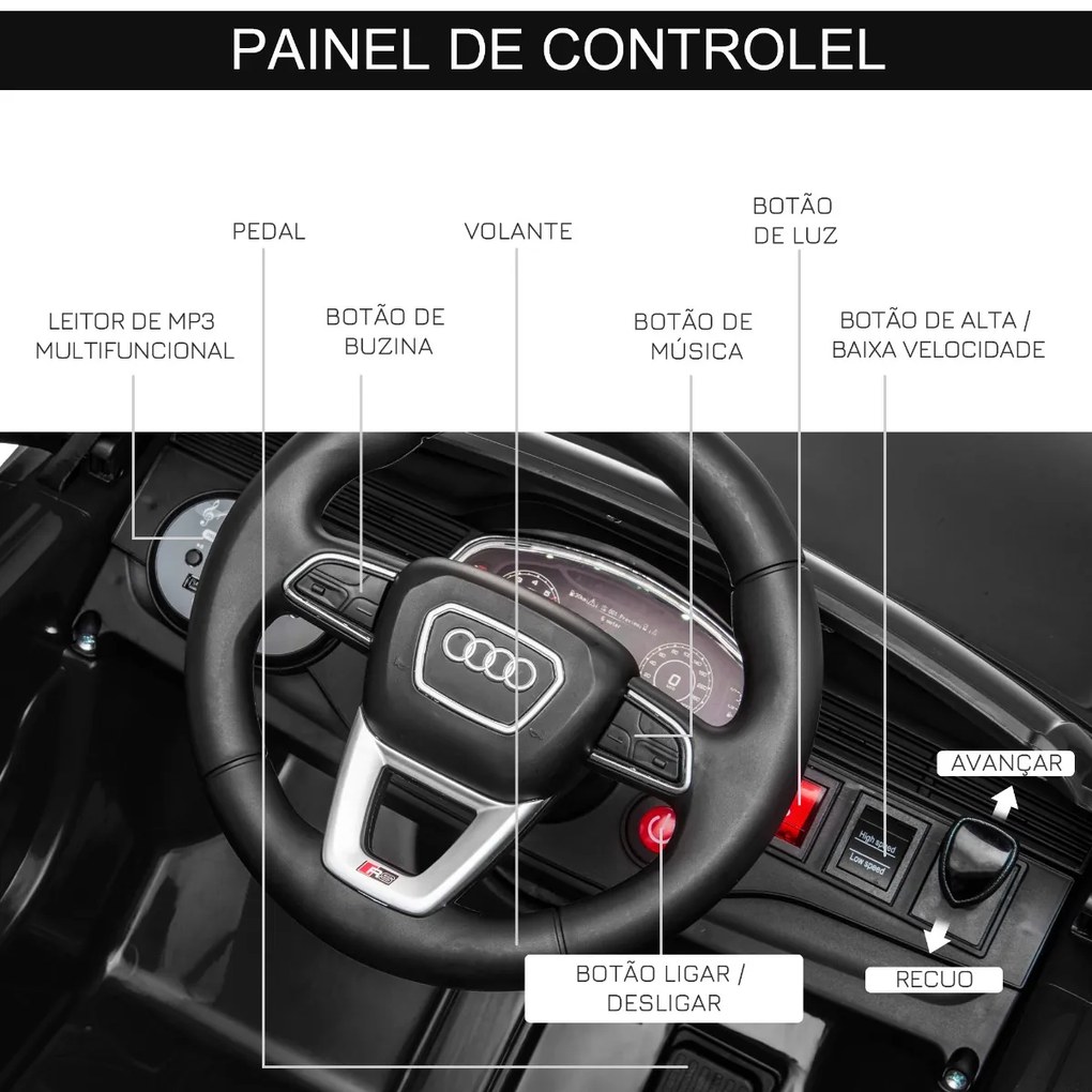 Carro Elétrico Infantil acima de 3 anos Licença Audi RS Q8 com Bateria 6V Controle a Distância Música MP3 Buzina e Luzes Velocidade Máx. 3km/h 101x62x