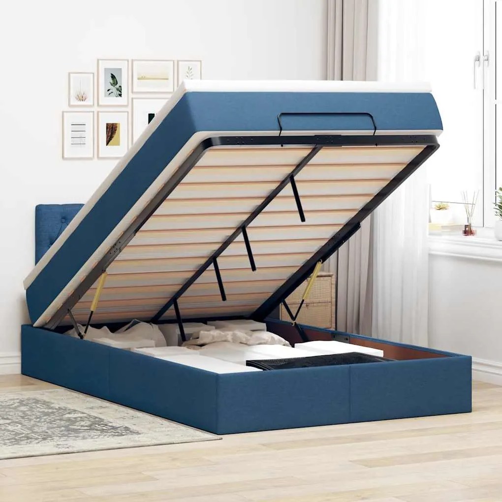vidaXL Cama otomana com colchão 120x200 cm tecido azul