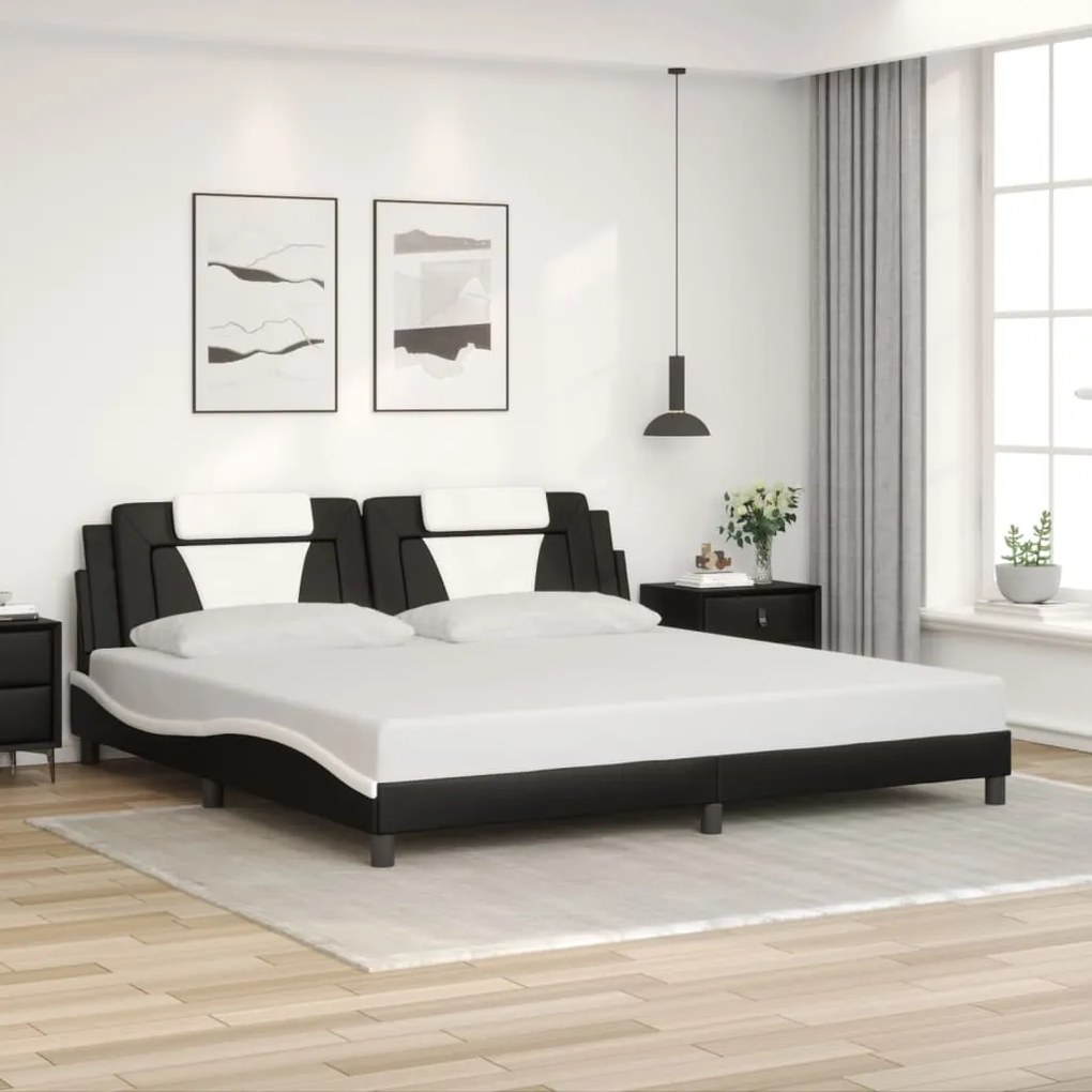 vidaXL Estrutura de cama c/ cabeceira couro artificial preto e branco