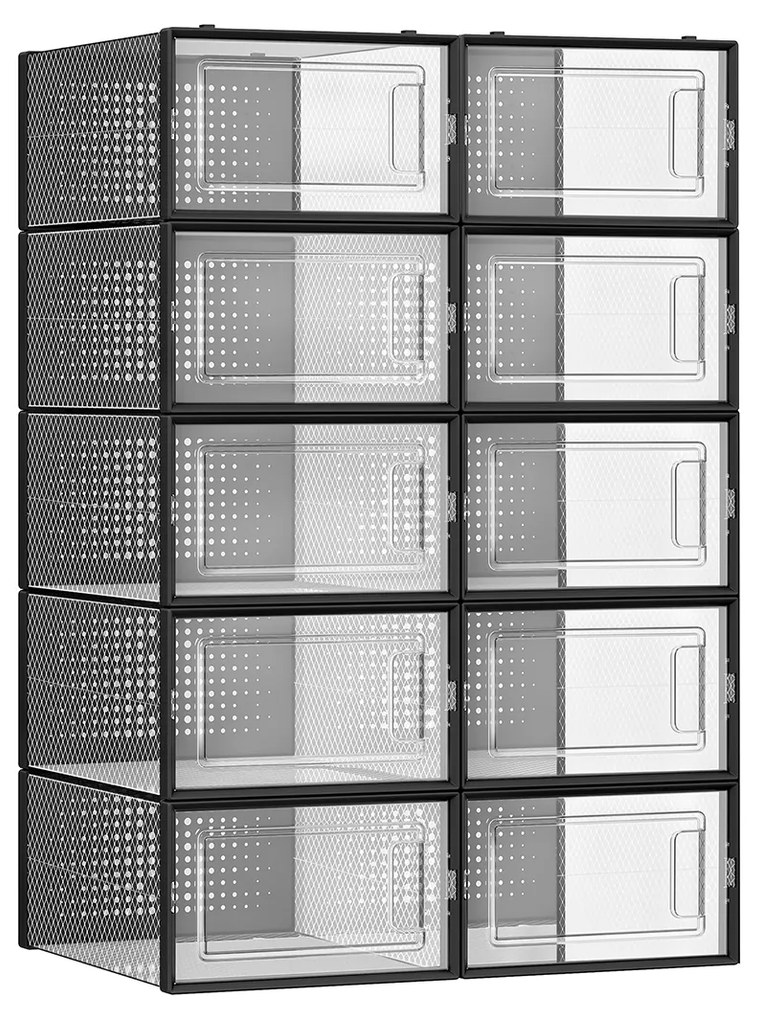 Conjunto de 12 caixas de sapatos de plástico até ao tamanho 44 33,5 x 23,2 x 14,3 cm (caixa) Preto transparente