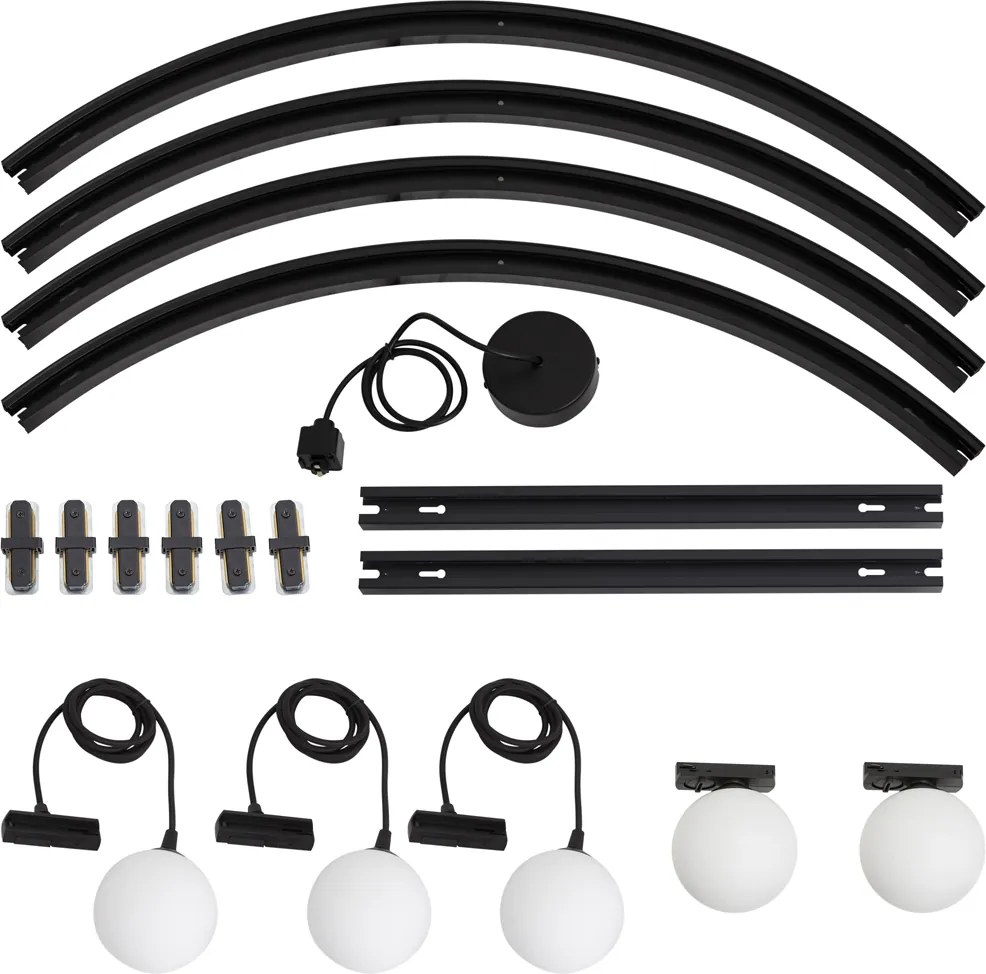 Sistema de iluminação de trilho oval moderno preto com 3 luzes pendentes e 2 luzes de teto brancas monofásico - Iconic Perle