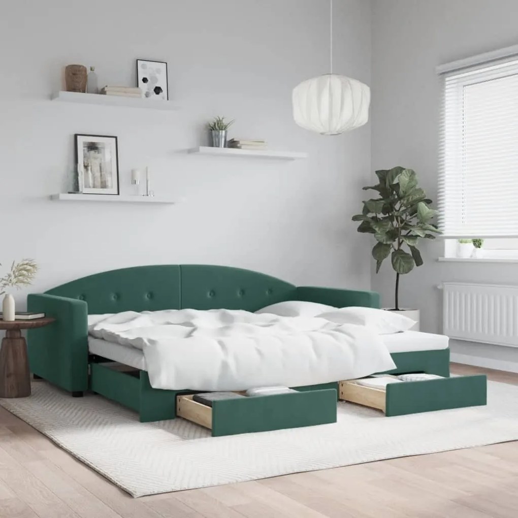 vidaXL Sofá-cama c/ gavetão e gavetas 90x200 cm veludo verde-escuro