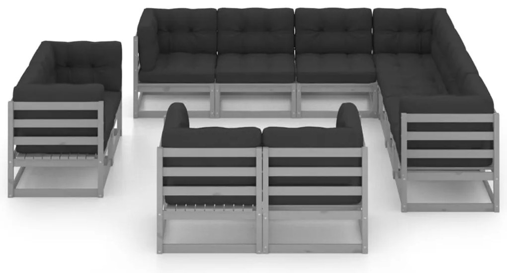 11 pcs conj. lounge de jardim + almofadões pinho maciço cinza