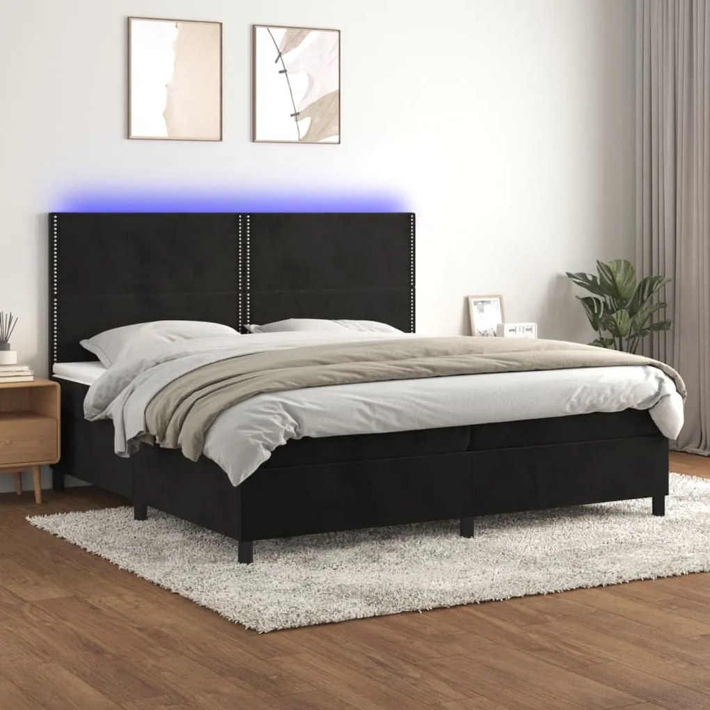 vidaXL Cama box spring c/ colchão/LED 200x200 cm veludo preto