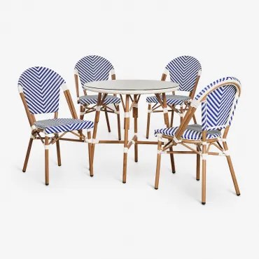 Conjunto De Mesa Redonda Brielle Bistro (80 Cm De Diâmetro) E 4 Cadeiras De Jardim Empilháveis De Alumínio Azul Ken - Gardénia Branco - Sklum