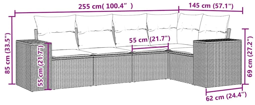 5 pcs conj. sofás jardim c/ almofadões vime PE cinzento-claro