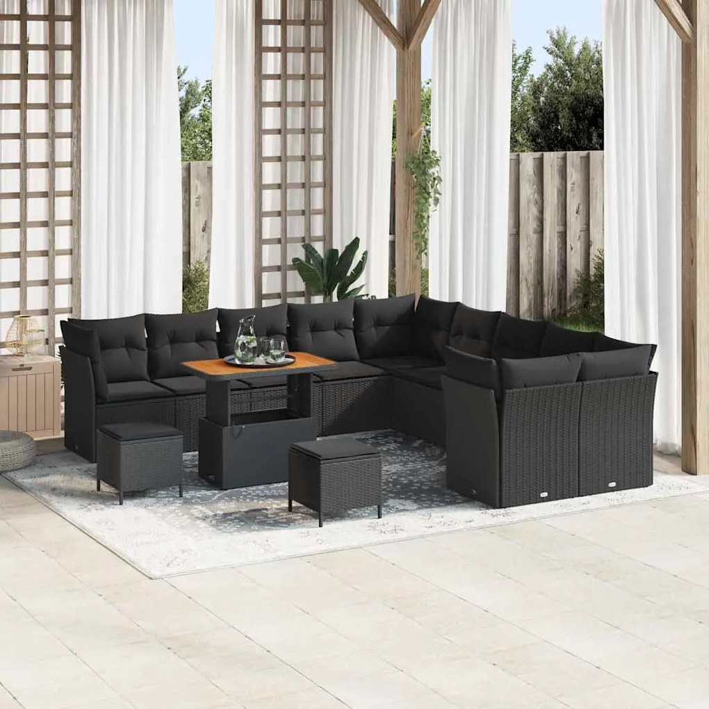 vidaXL Conjunto de Sofá de Jardim com 13 Peças e Almofadas em Preto, Polirattan e Acácia.