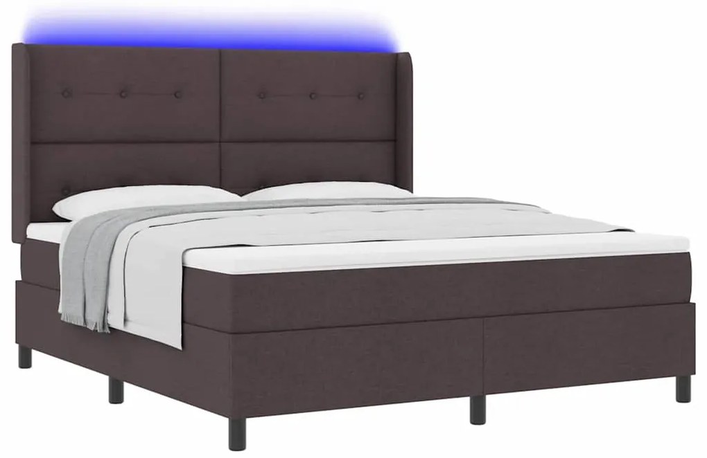 Cama com estrado e colchão, LED, castanho escuro, 180 x 200 cm, tecido
