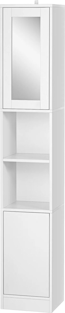 Armário casa de banho 30 x 28 x 170 cm, móvel de arrumação em coluna com espelho, 2 portas, prateleiras ajustáveis, branco