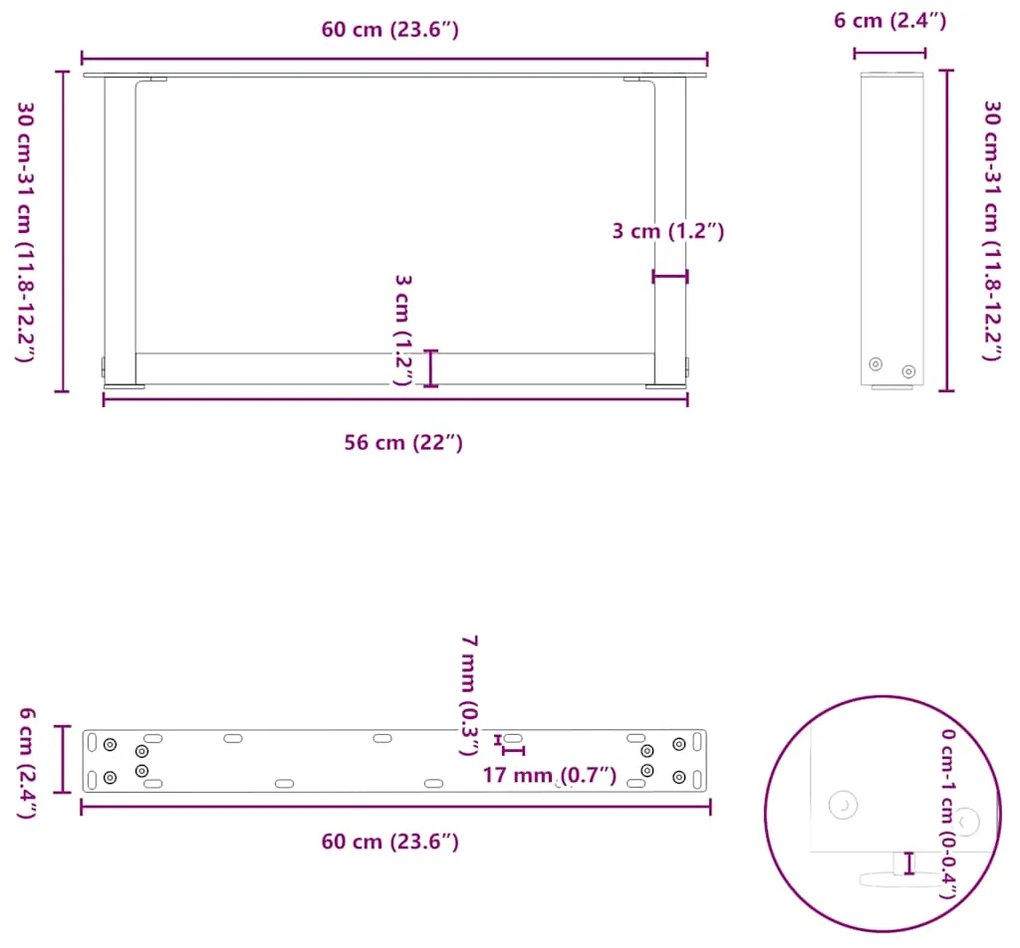 Pés para mesa de centro em forma de U, 2 peças, antracite, 60x(30-31)