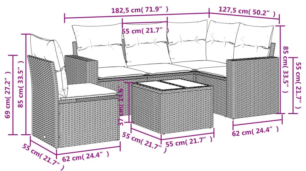 6 pcs conjunto de sofás jardim c/ almofadões vime PE castanho