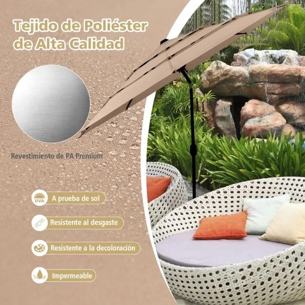 Guarda-sol jardim 3 m de 3 camadas de com ventilação dupla (BASE NÃO INCLUIDA), inclinação, botão de pressão, manivela manual e 8 varas Café