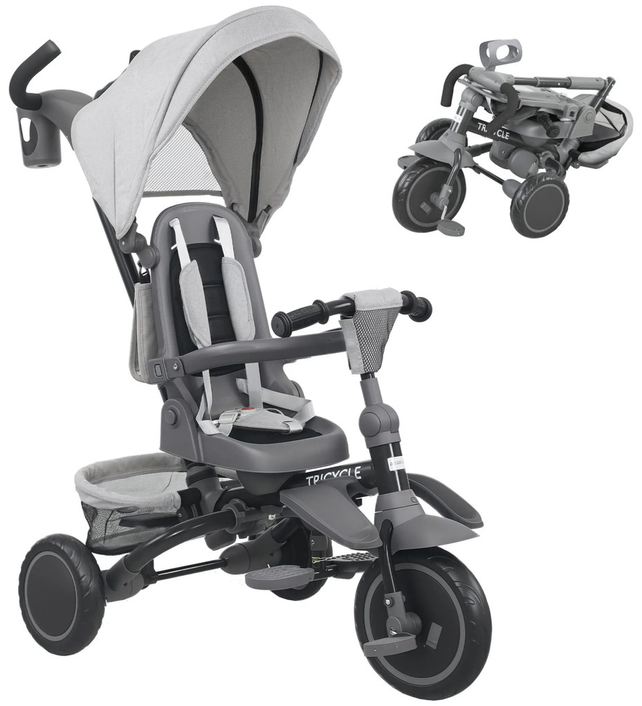 AIYAPLAY Triciclo Evolutivo 6 em 1 Triciclo para Bebés Dobrável 1-5 Anos Assento Giratório de 360° Guidão Encosto Reclinável Toldo Cinto de Segurança Cesto, Apoio para Pés 111,5x52x98 cm Cinza