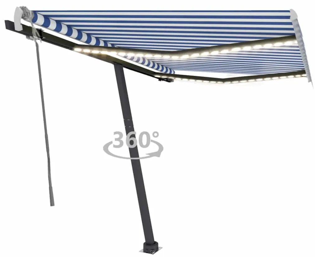 Toldo retrátil manual com LED 350x250 cm azul e branco