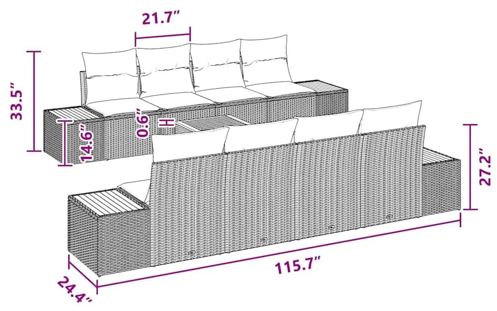 Conjunto de Sofá de Jardim vidaXL 9 Peças com Almofadas Preto Rattan A