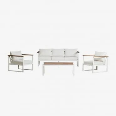 Conjunto De Jardim Com Sofá De 3 Lugares, 2 Poltronas E Mesa De Centro Em Alumínio E Madeira De Acácia Lipov Gardénia Branco - Sklum